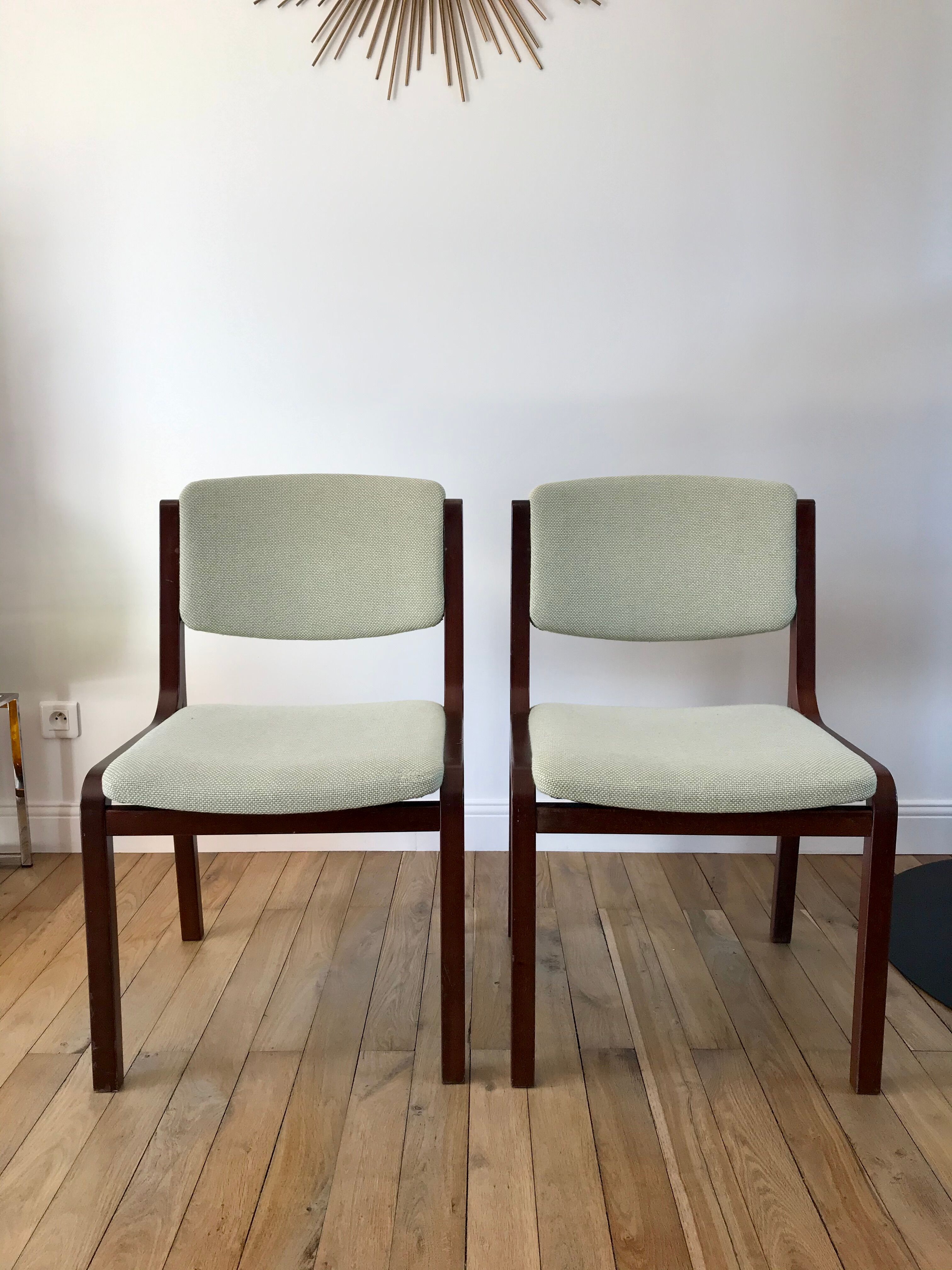 Pair of wooden armchairs and green and ecru fabrics 70s