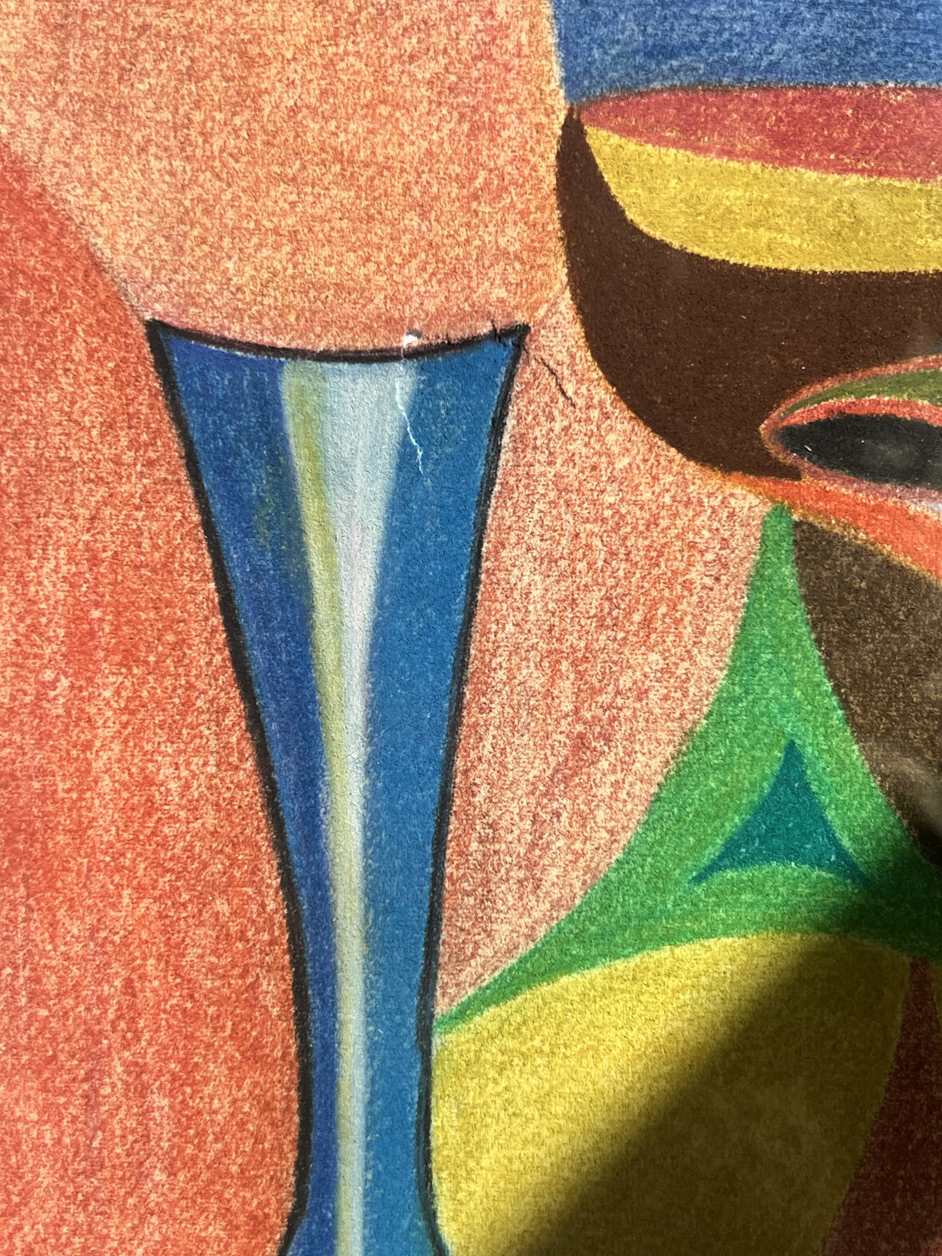 Vintage cubist still life pastel under glass and signed from 1967.