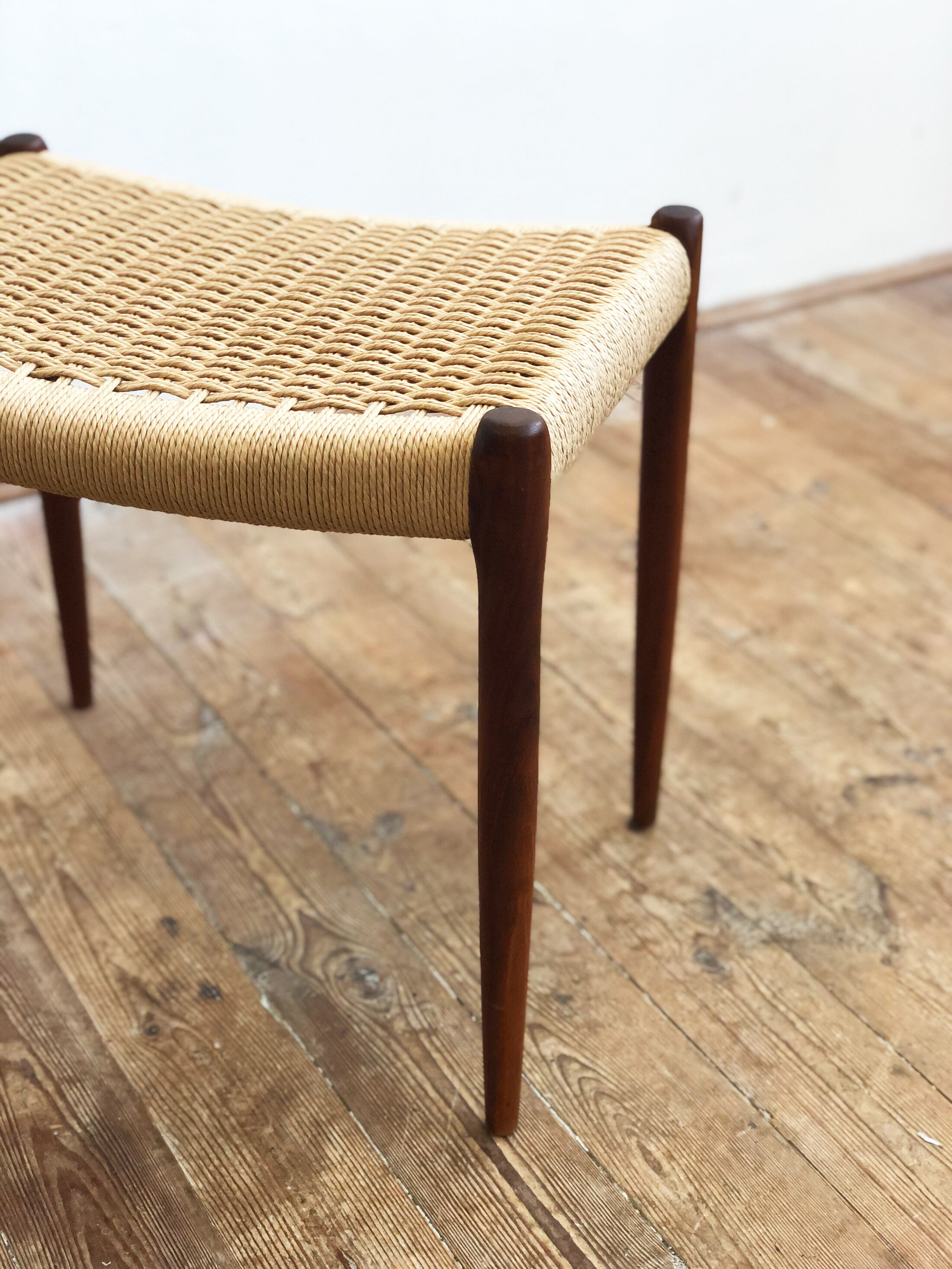 Danish midcentury walnut stool, model 80A by Niels O. Møller with papercord seat