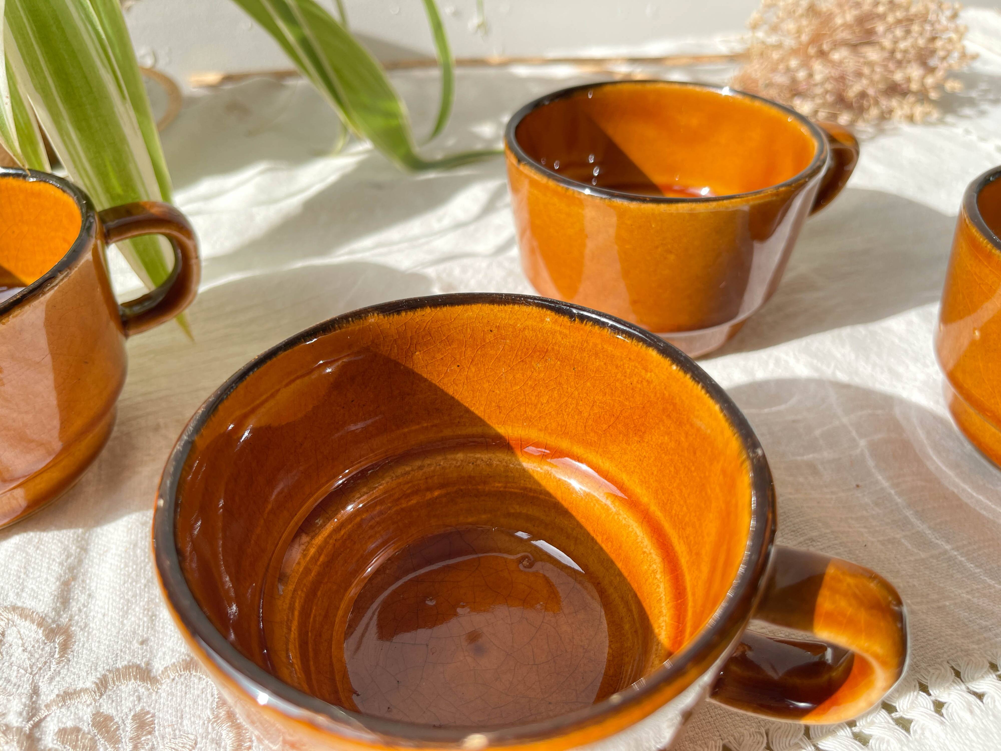 4 vintage dark caramel earthenware coffee/tea cups