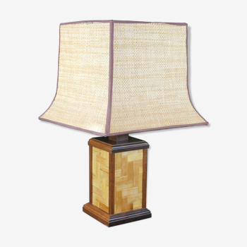 Vintage french rattan, bamboo cane & brass table lamp, 1950s