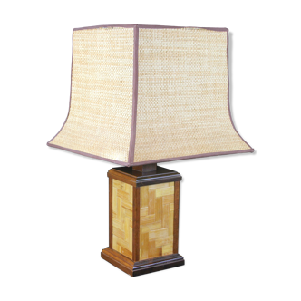 Vintage french rattan, bamboo cane & brass table lamp, 1950s