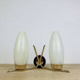 50s double-light wall light, brass and black metal, opaline tulips