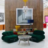 Mid Modern Style Italian Sideboard, Solid Wood & Colored Glass, Six Drawers