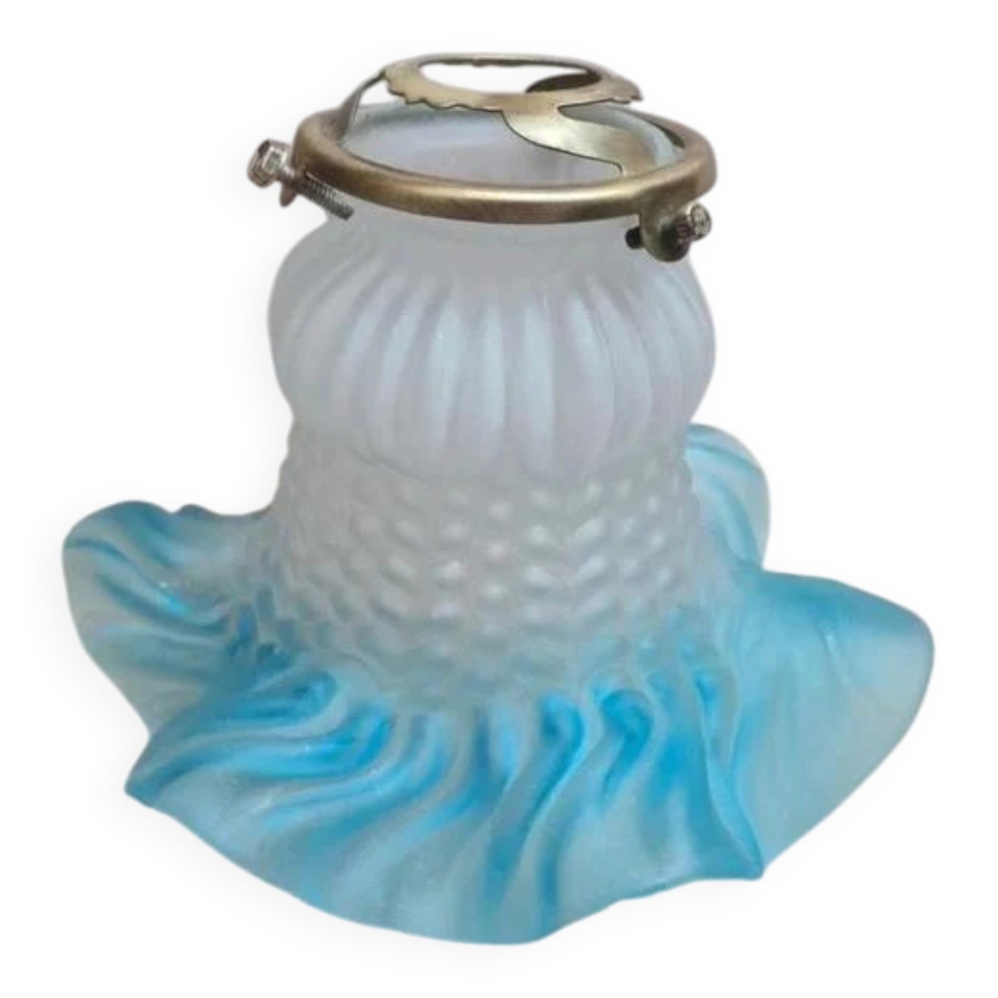 An antique lampshade in frosted glass with delicate blue edges.