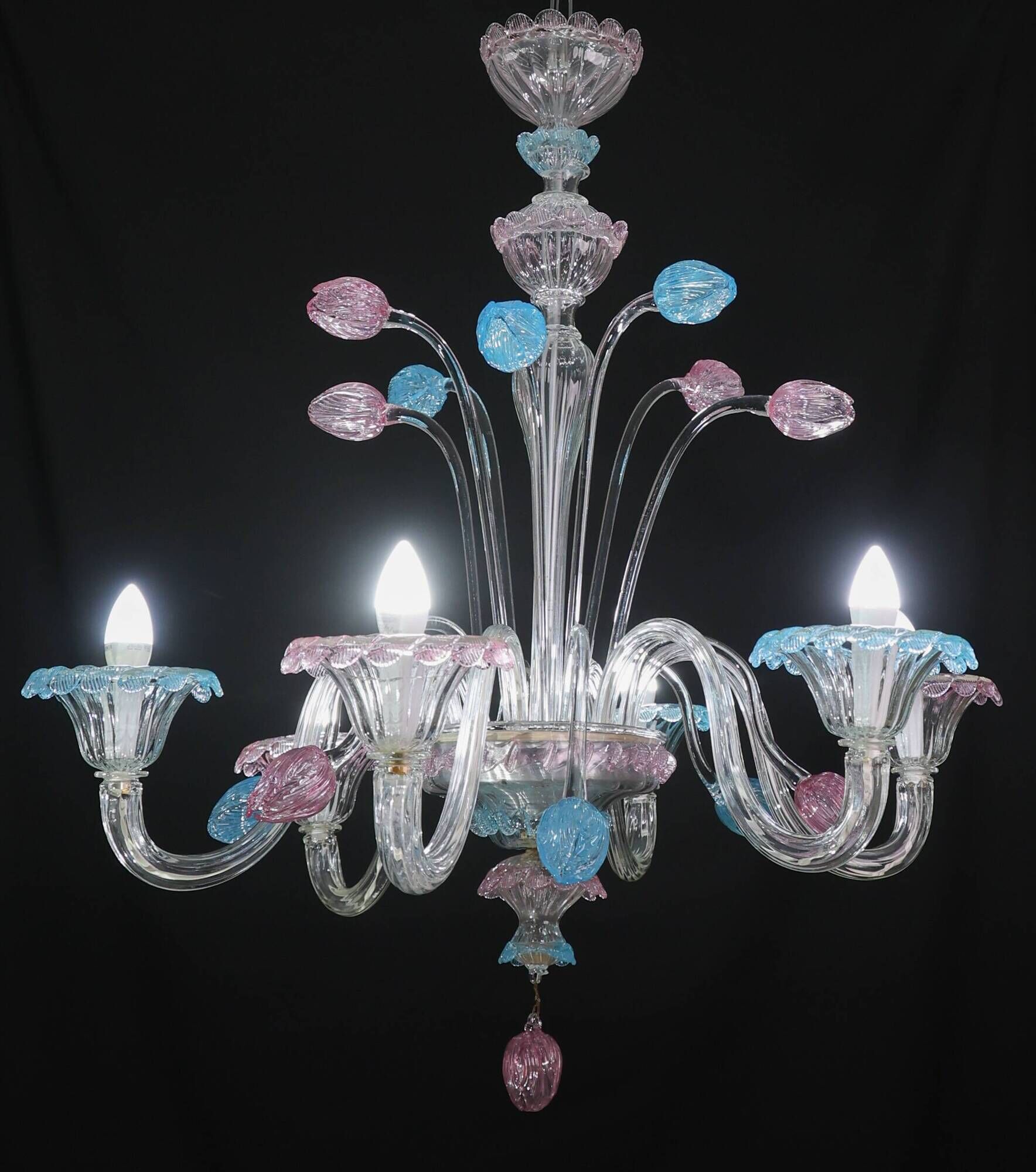 "Amsterdam" Large Size Vintage Pink and Blue Tulip Murano Glas Chandelier,