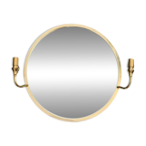 Grand miroir vintage rond en laiton doré avec deux appliques lumineuses - diamètre 50 cm