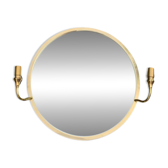 Large round vintage mirror in gilded brass with two light sconces - diameter 50 cm