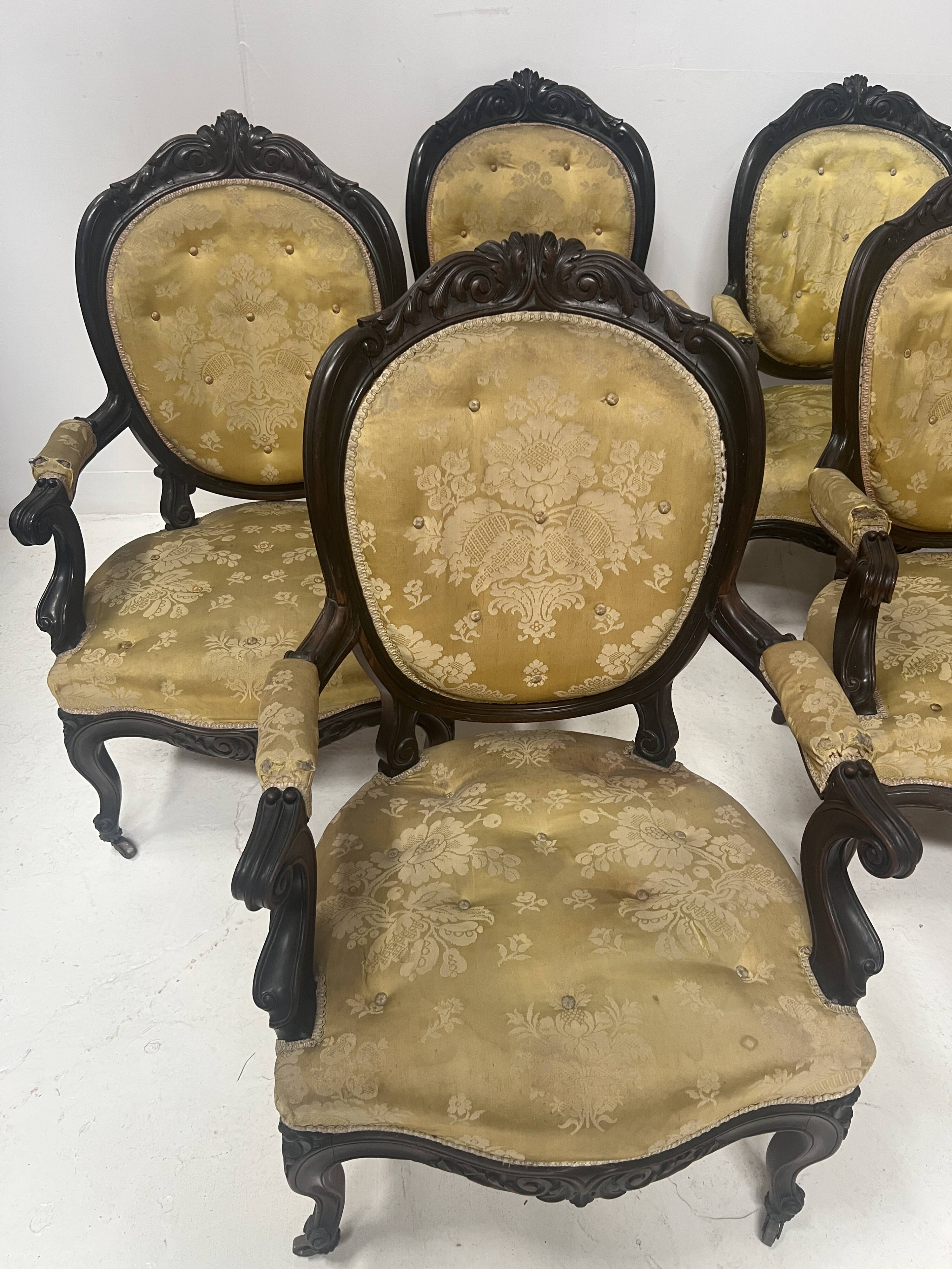 Set of eight Napoleon III style Louis XV armchairs in rosewood, 20th century.