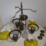 Grand lustre 3 feux en verre, opaline et laiton