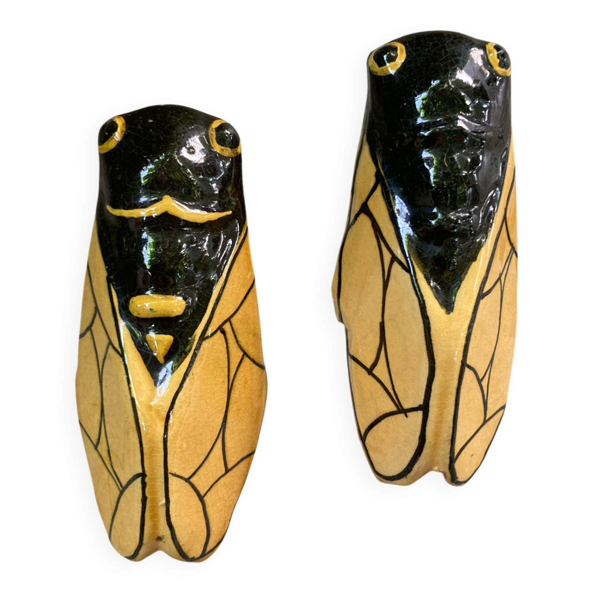 Set of 2 cicadas yellow ceramic vintage