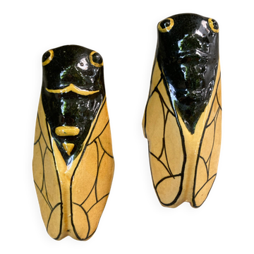 Lot de 2 cigales céramique jaune vintage