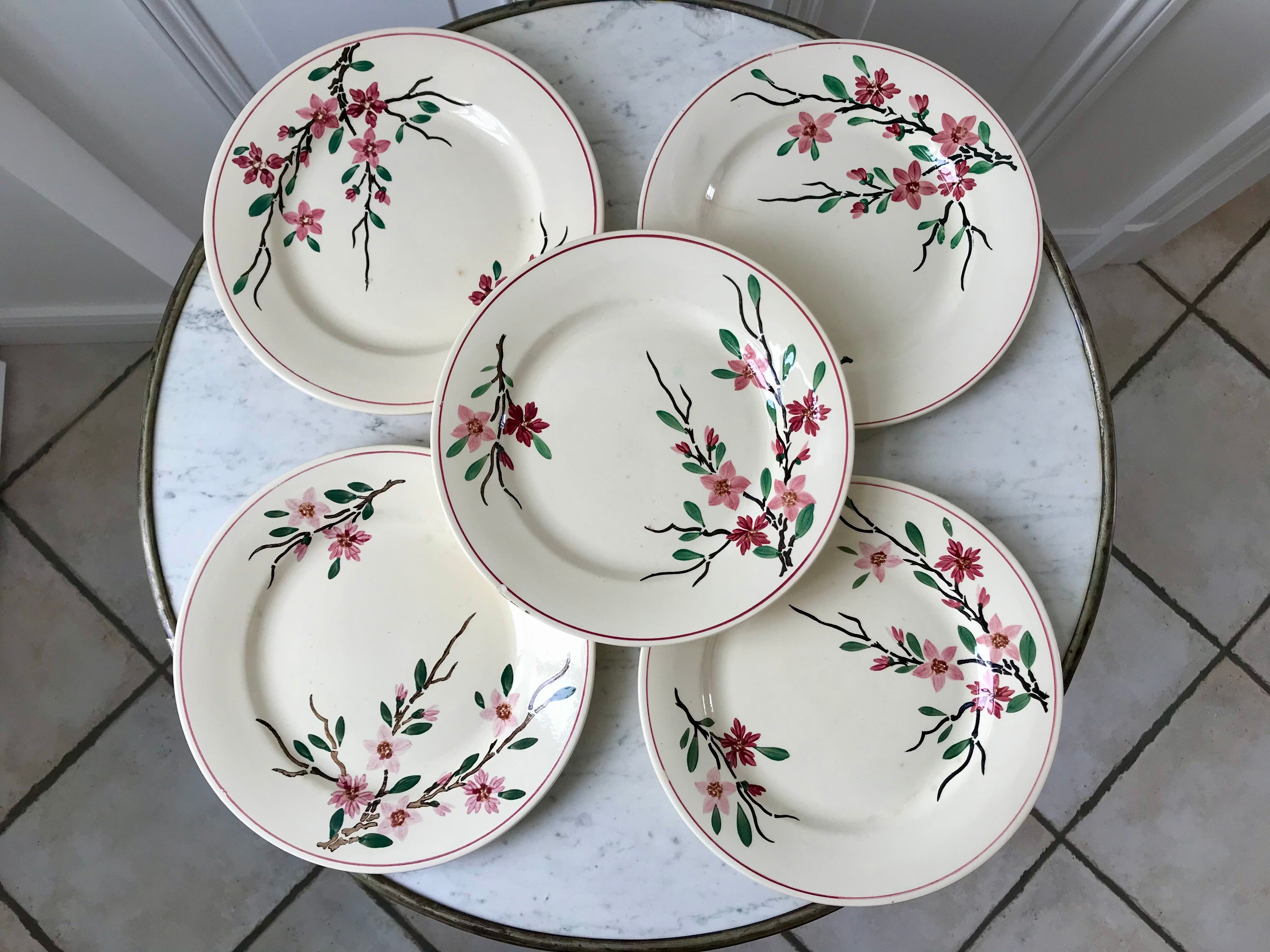 5 flat plates Digoin Sarreguemines model Aigues-Vives hand painted years 30-40