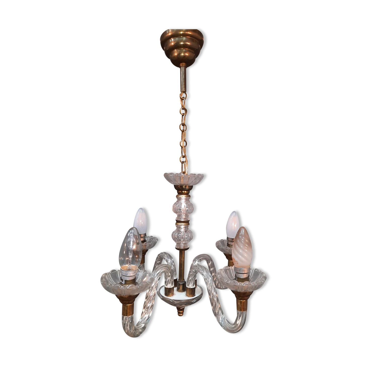 Glass chandelier has 4 lights