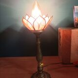 Bedside lamp flower petal pink mother-of-pearl bronze base brass dpm 0323112