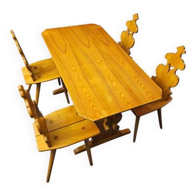 Chaises et table Cepelia Tiroler, ensemble de 5 pièces, Pologne, années 1960, marquées.