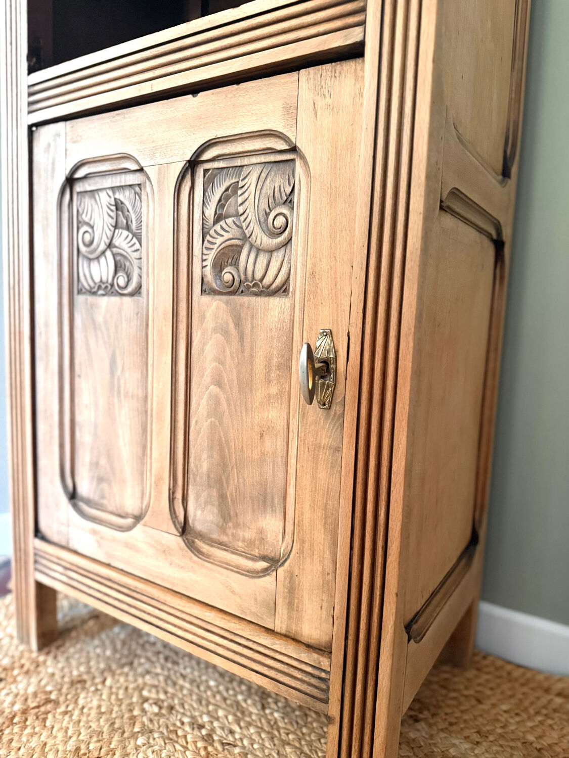 Small Art Deco jam cabinet in carved blonde oak