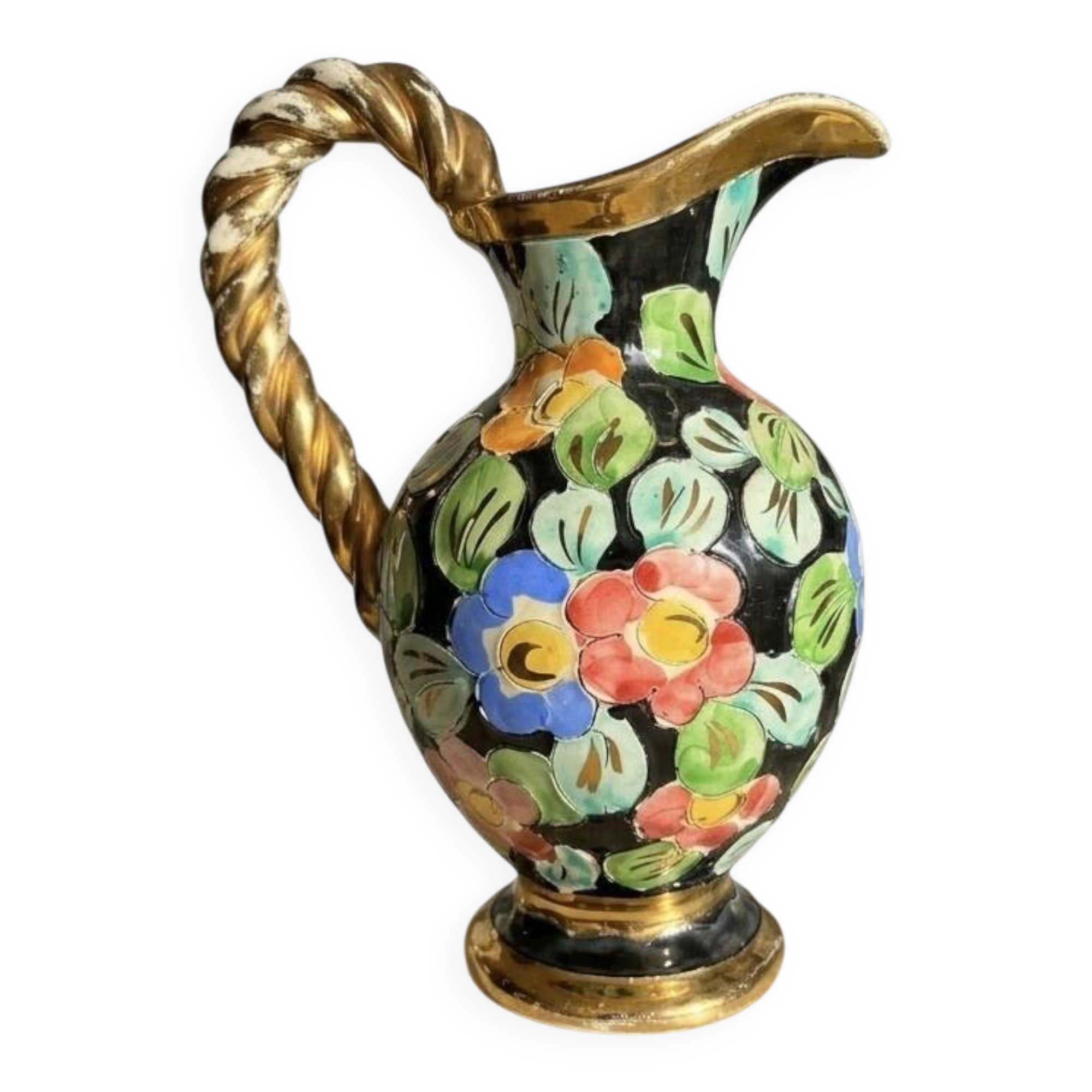 Large vintage ceramic jug from Vallauris, floral decoration and gilding.