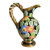 Large vintage ceramic jug from Vallauris, floral decoration and gilding.