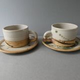 2 large cups and 1 sandstone dish, pottery la Colombe, 60s
