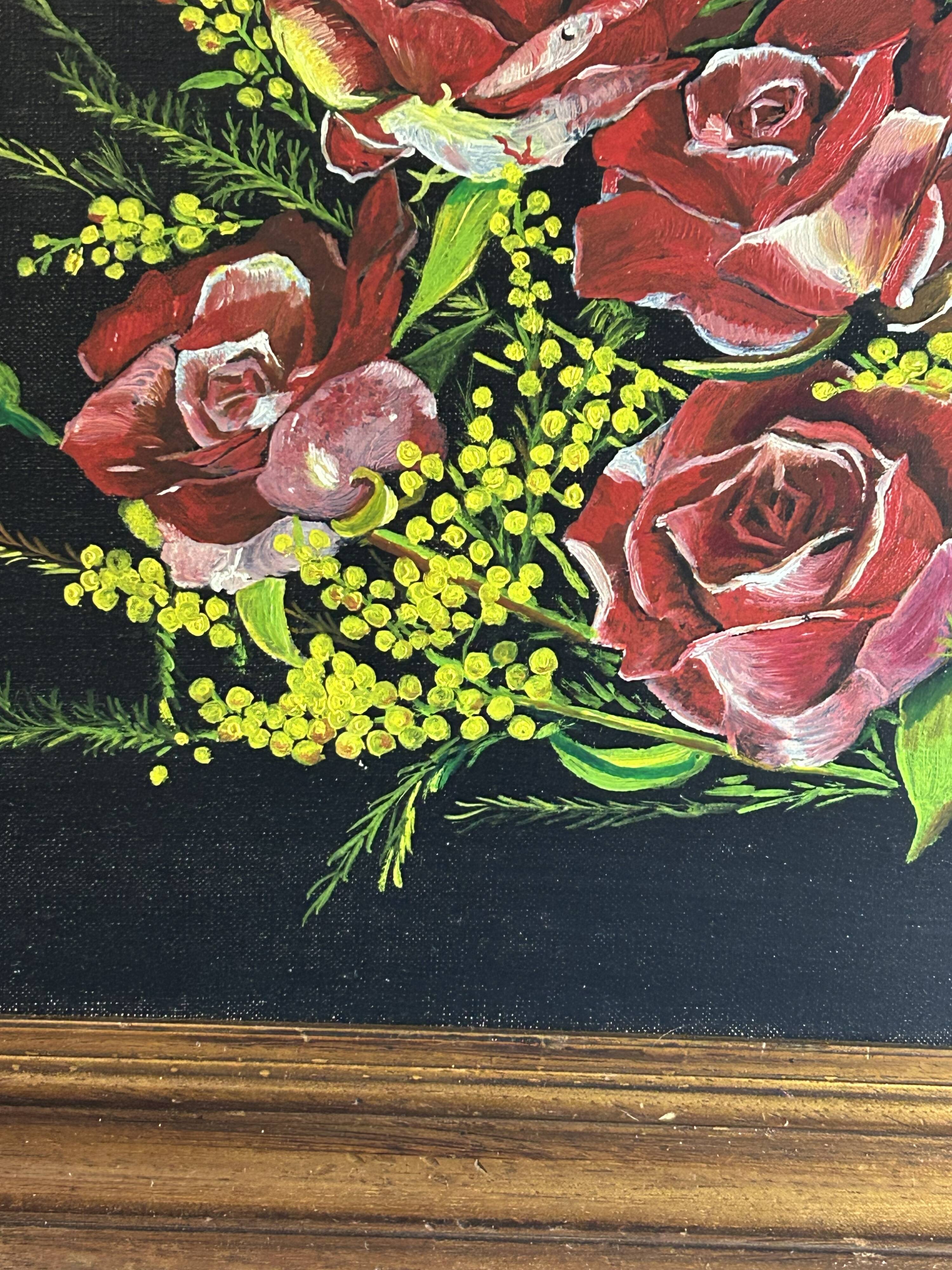 Nature morte aux roses – Huile sur toile signée et datée 1977 –Cadre bois