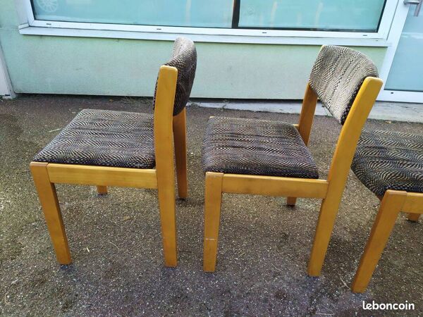 Lot de 4 chaises en bois blond et tissu gris - vintage