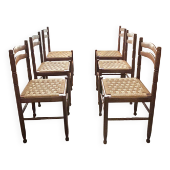 Set of 6 1960s wooden and rope chairs