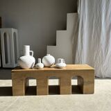 Solid monoxyl wood bench with carved 3-arch base - Natural wood color