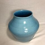 Vase ancien céramique émaillé bleu signé maryse 75 vintage