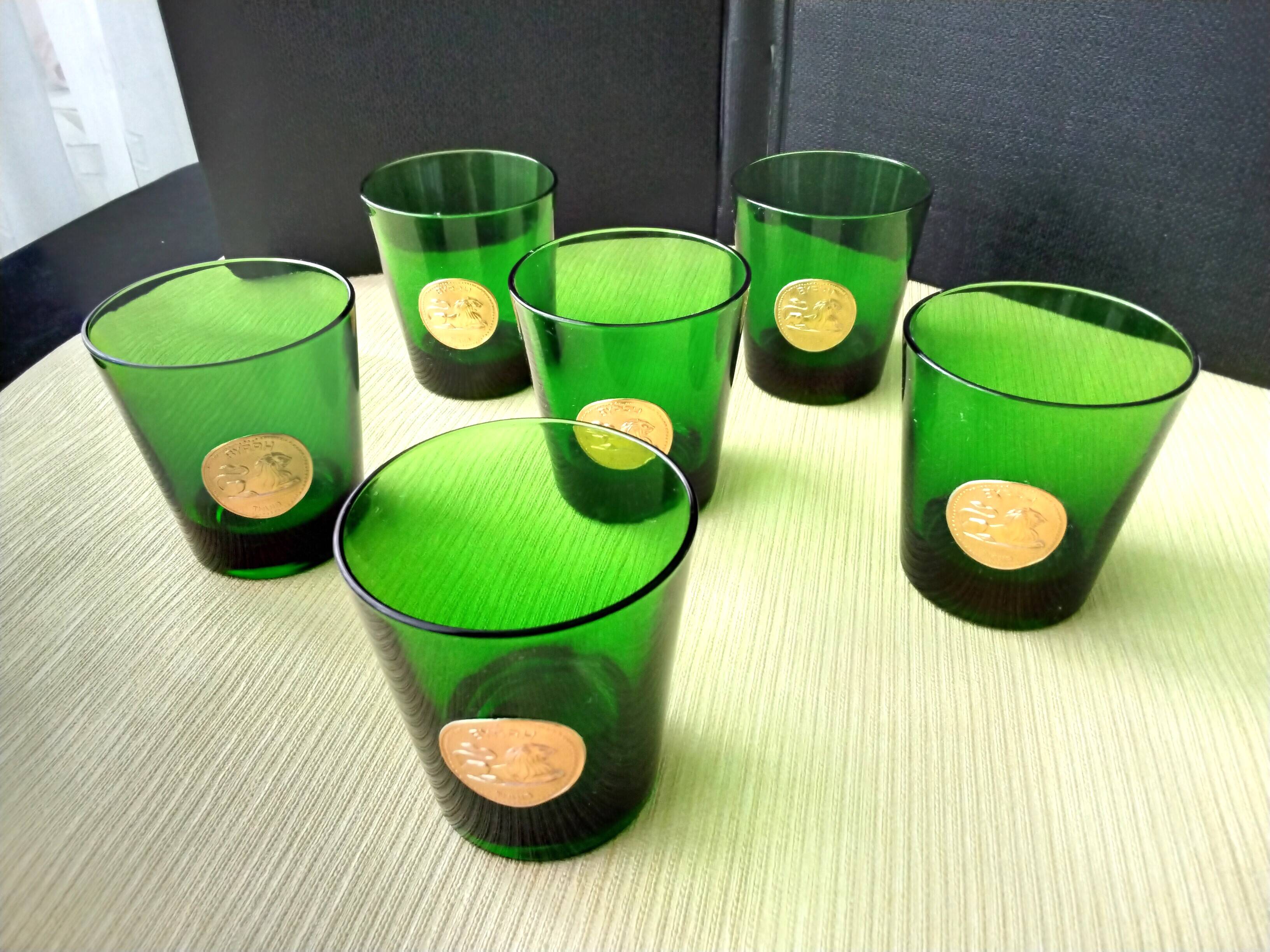 6 vintage glasses with gold medallions
