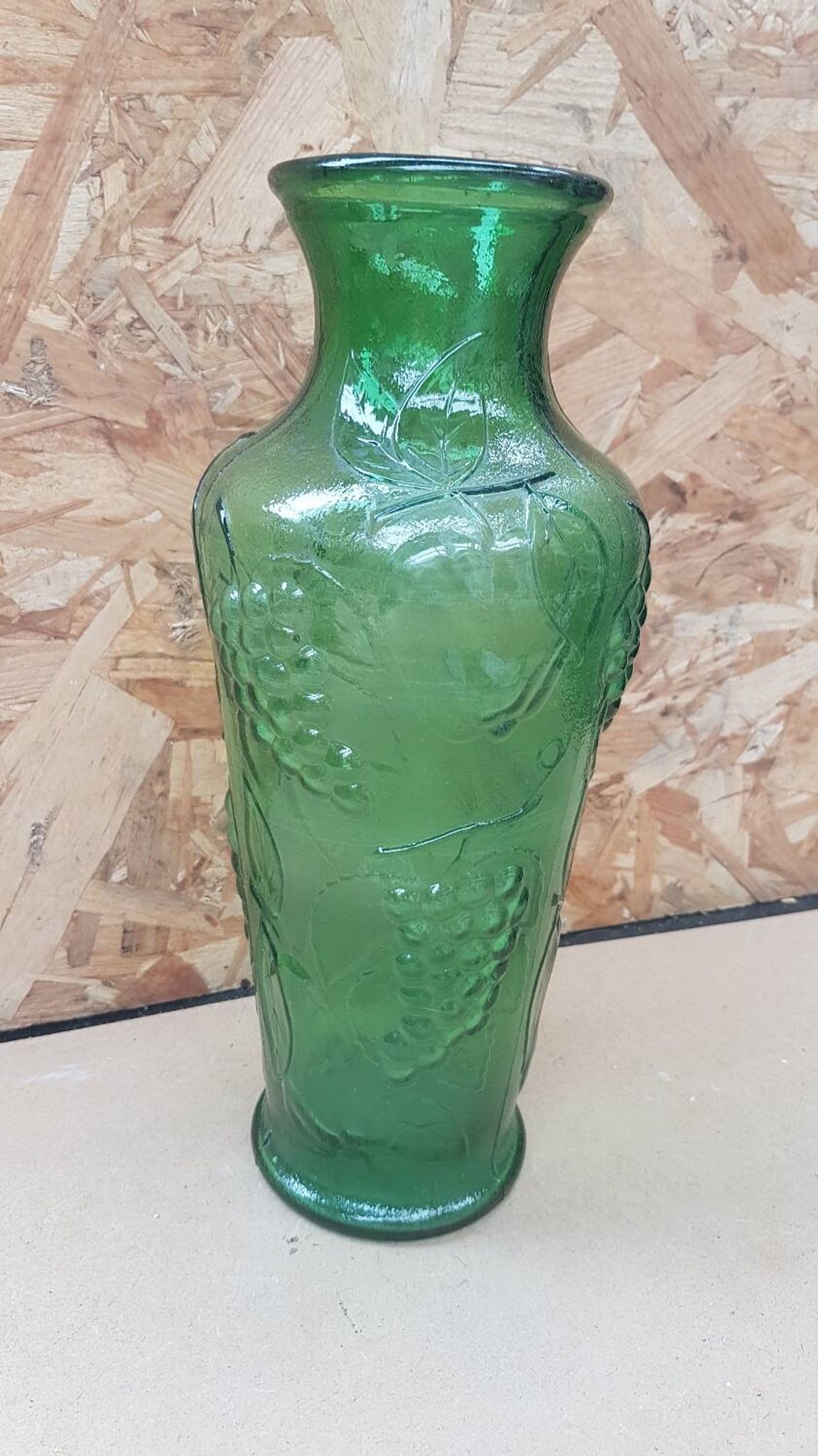 Old green molded glass vase vintage grape cluster decor