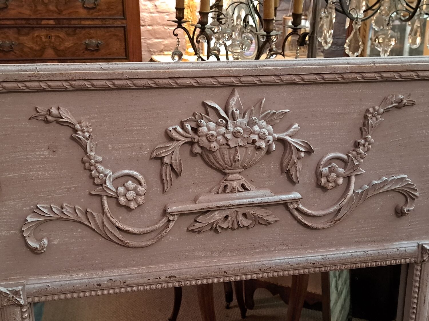 Louis XVI style trumeau mirror in patinated wood