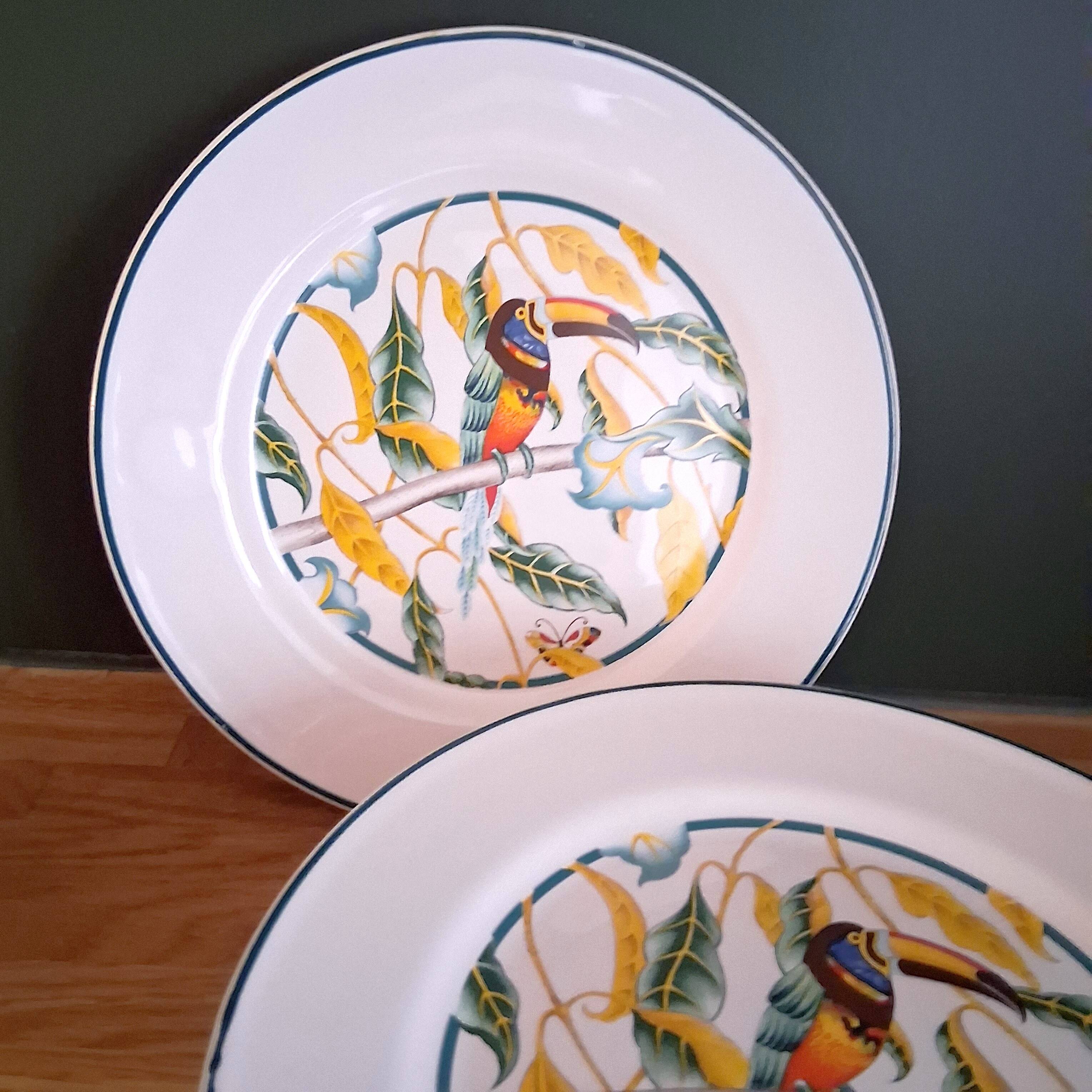 6 antique dessert plates with Toucan decor
