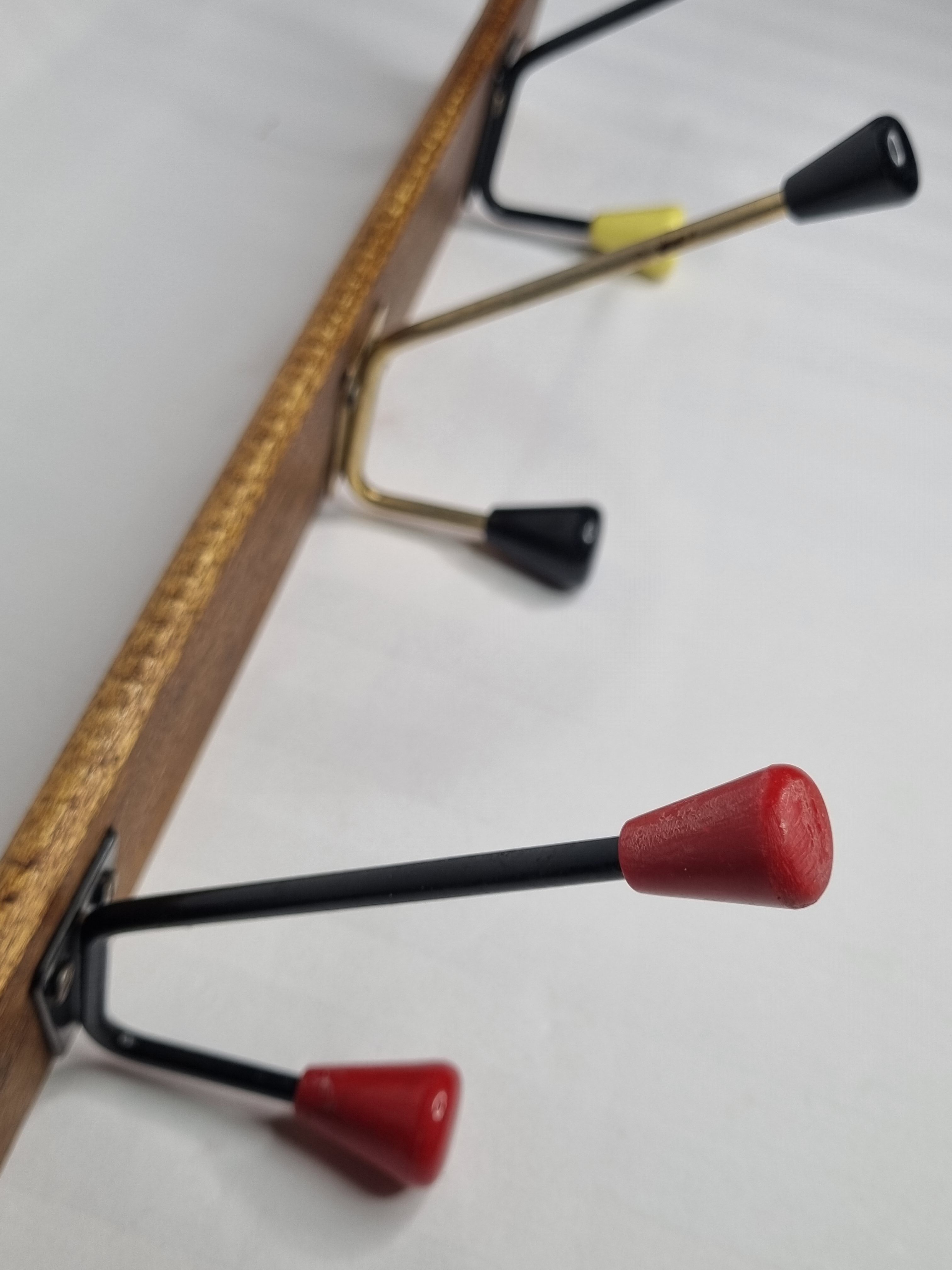 Vintage coat rack, three double tricolor hooks, 50-60s, 53 cm