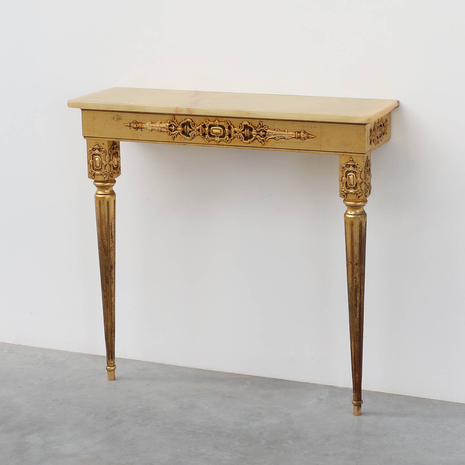 Louis XVI Style Gold-Toned Wall Console with Onyx Marble Top, Italy, 20th C