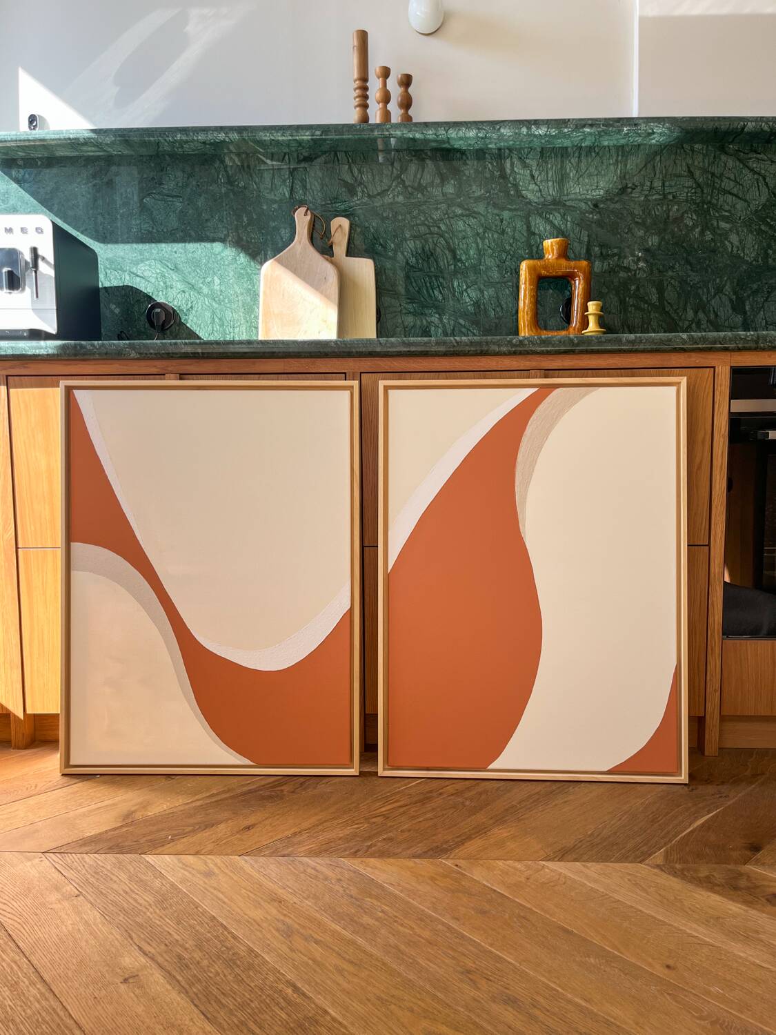 Taupe and black diptych painting