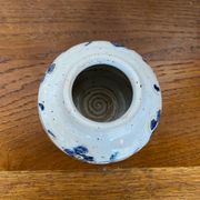 Antique White Ceramic Ball Vase Chiseled Decor Blue Flowers Vintage