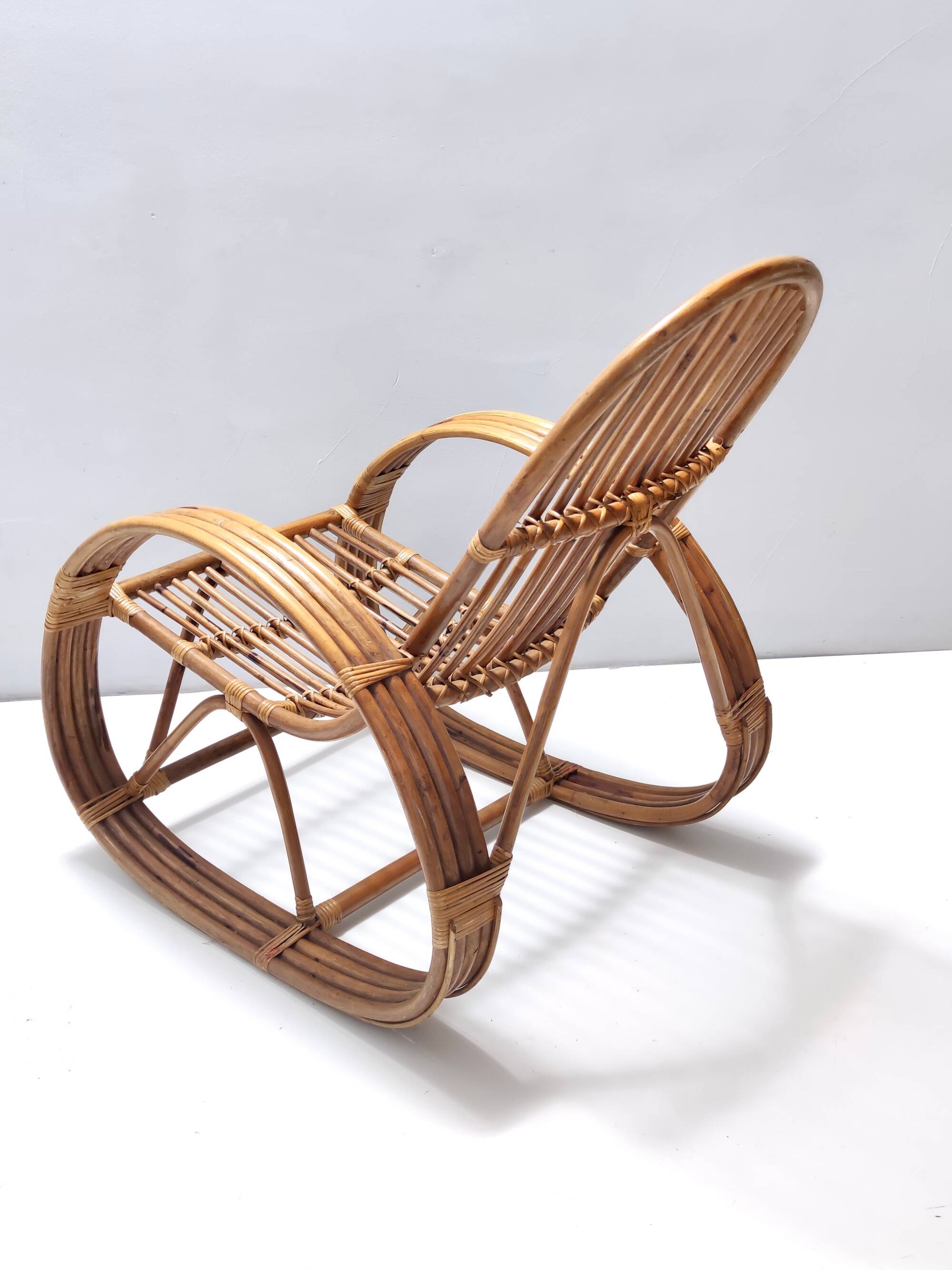 1970s Postmodern Bamboo Rocking Chair with Vintage Fabric Cushion