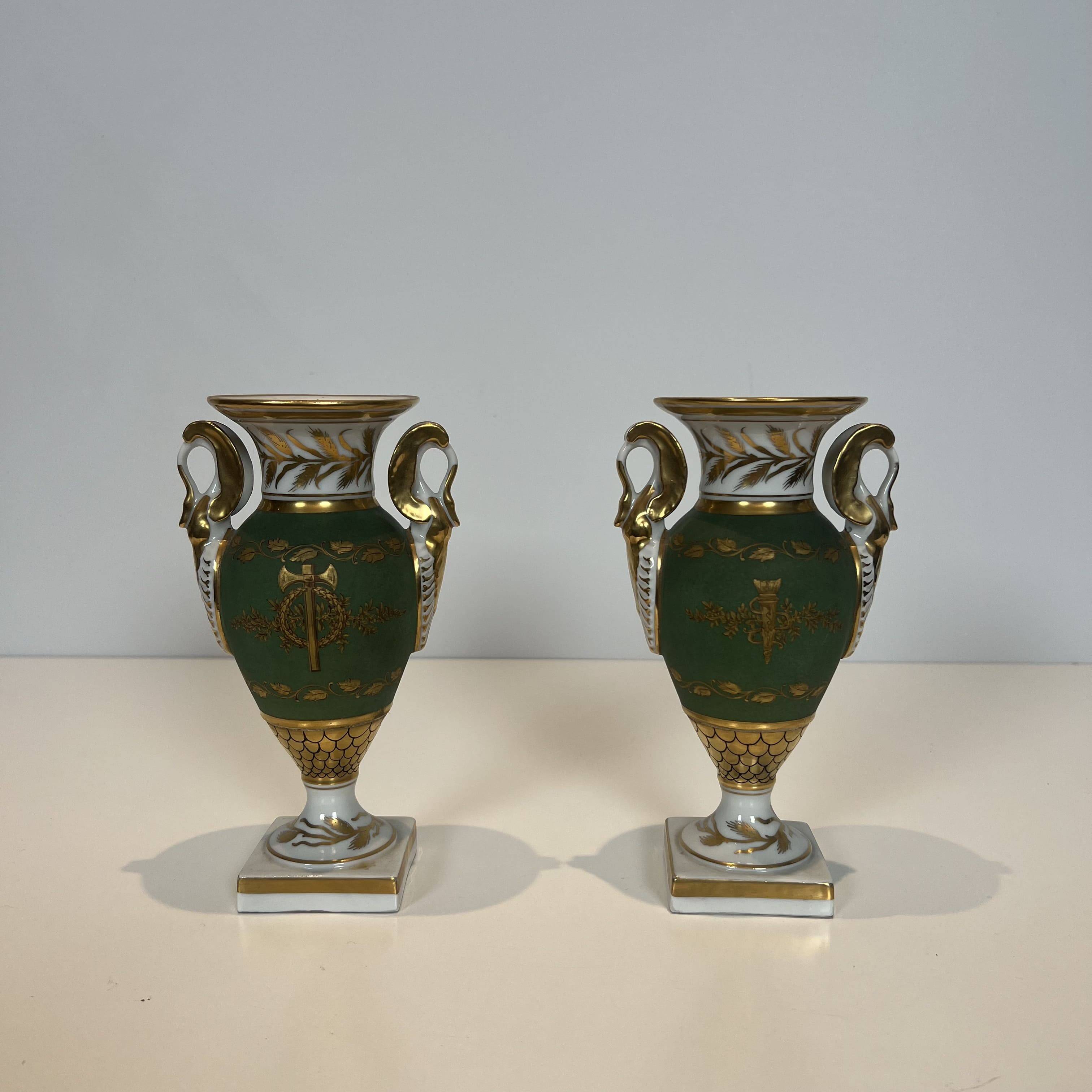 Pair of Empire Style Porcelain Vases, Decorated with Swans and Bundles