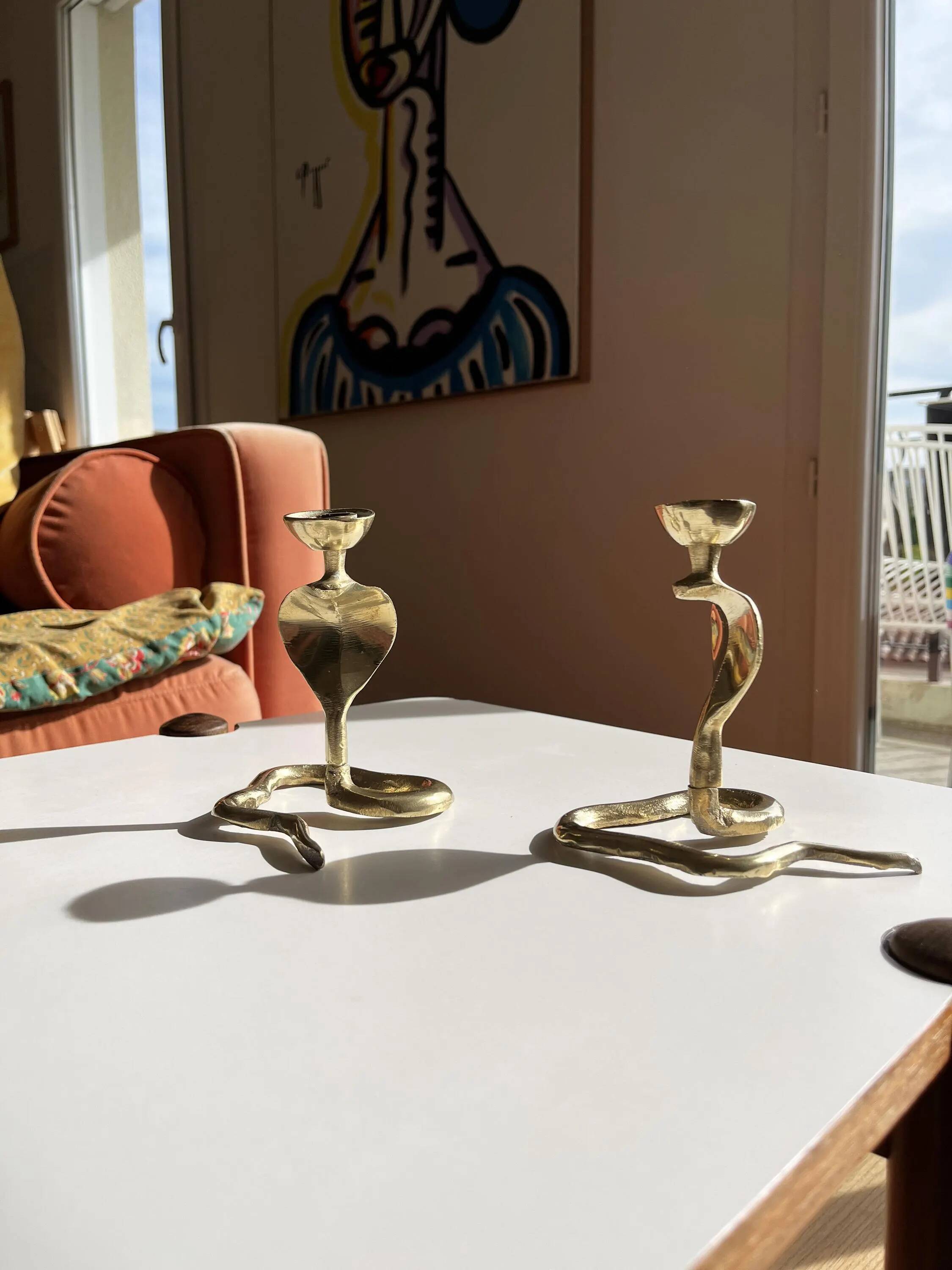 Pair of vintage brass snake candlesticks