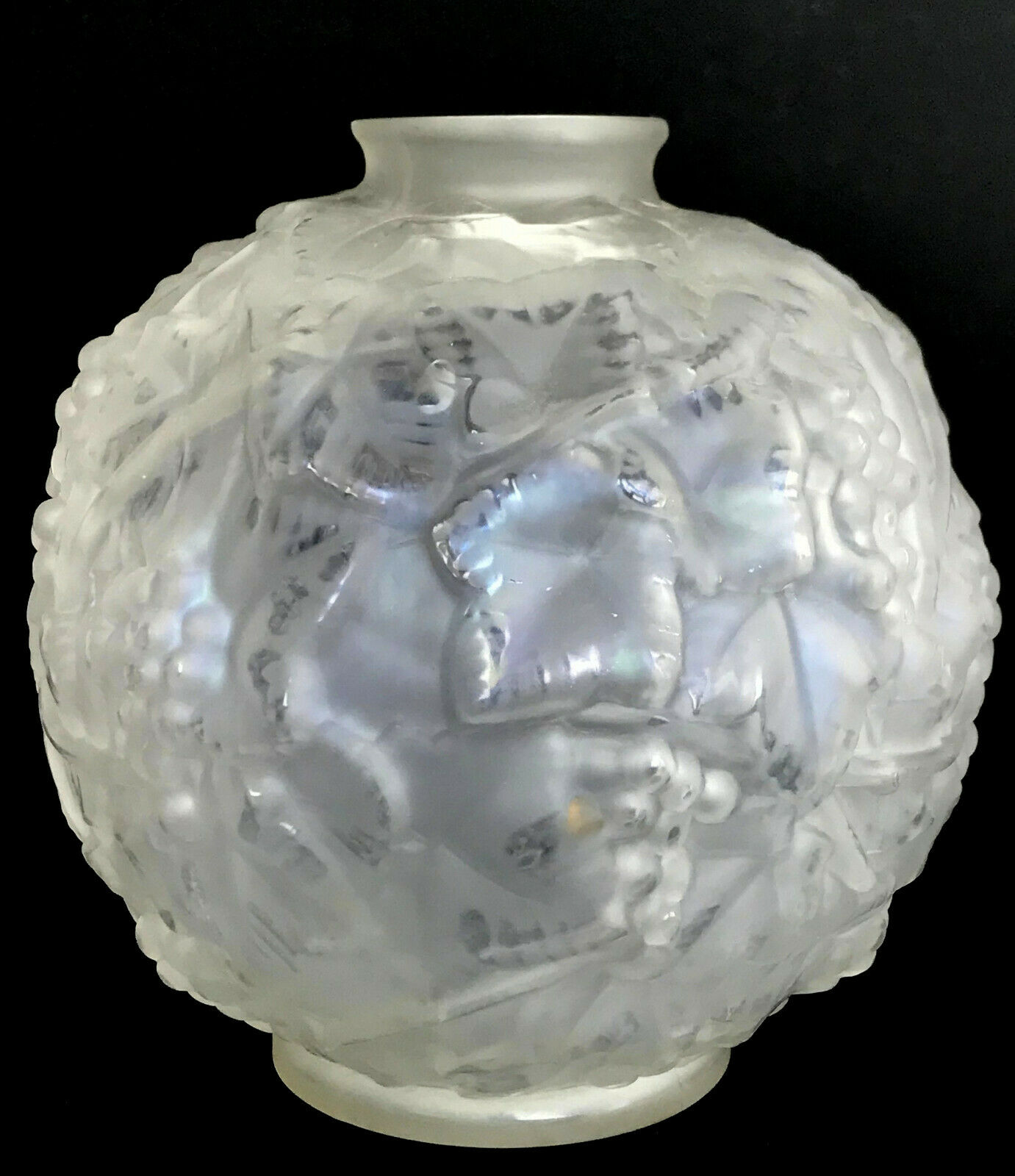 Pressed molded glass ball vase decorated with grape bunches