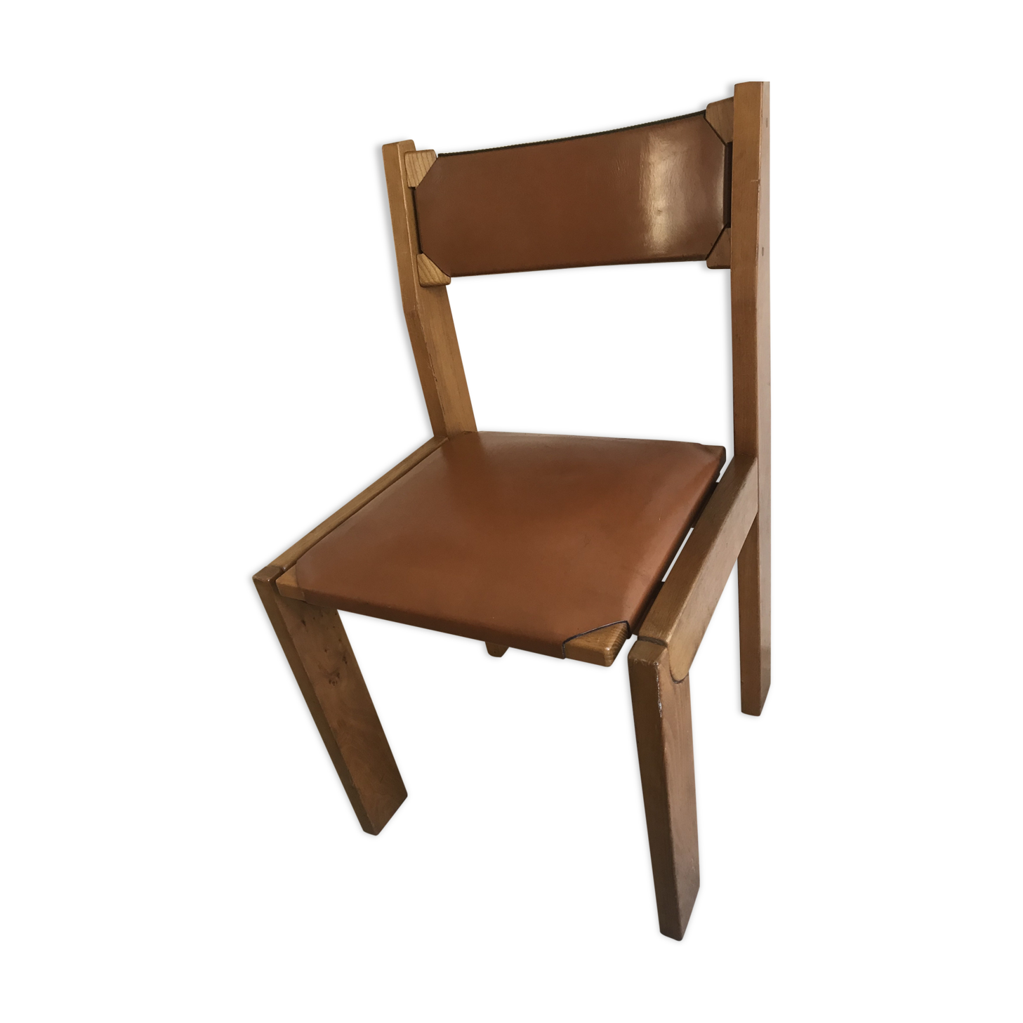 Leather and wood chair 70's