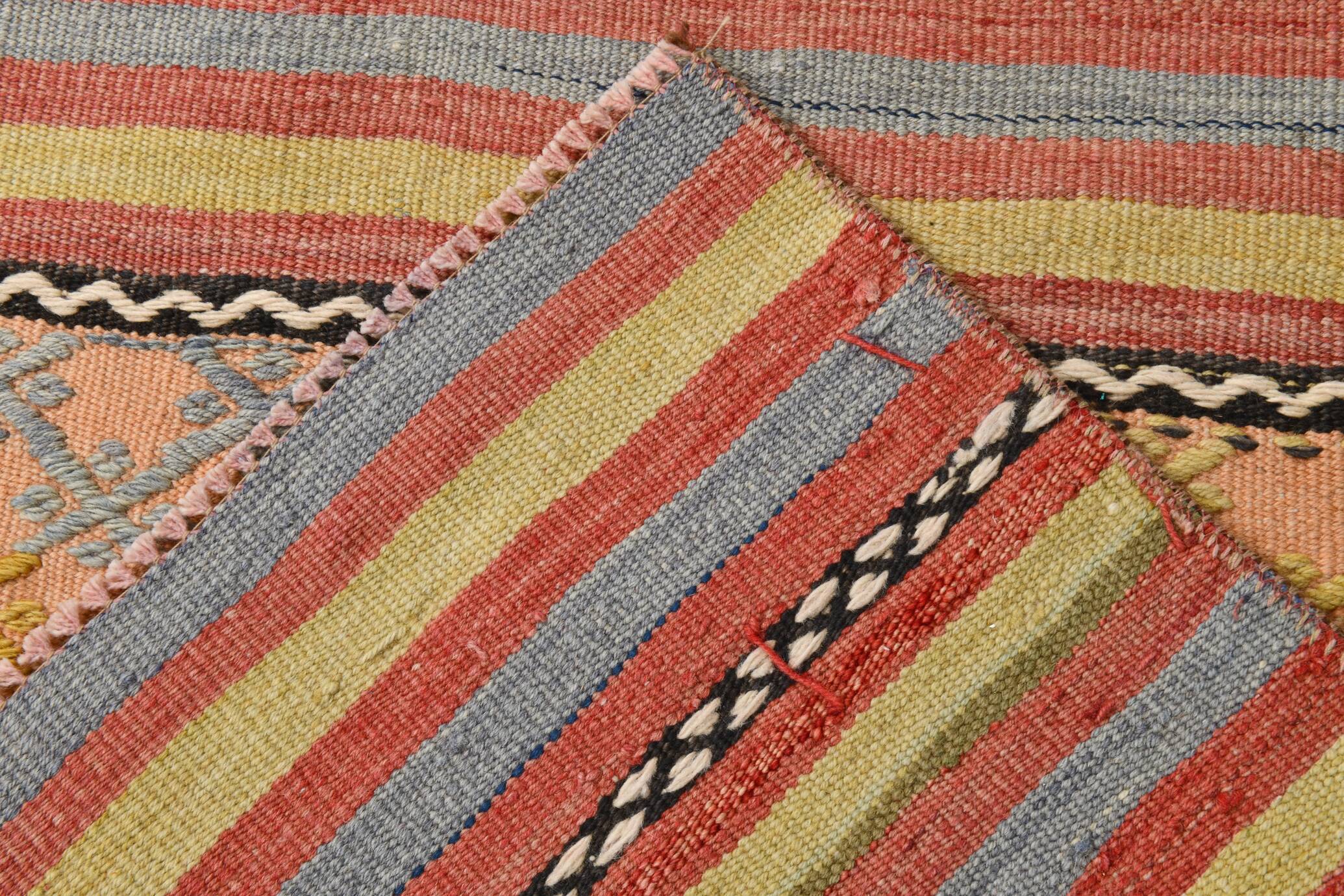3x0 Blush Pink & Blue Striped Vintage Kilim Runner, Rugs For Bohemian Entry