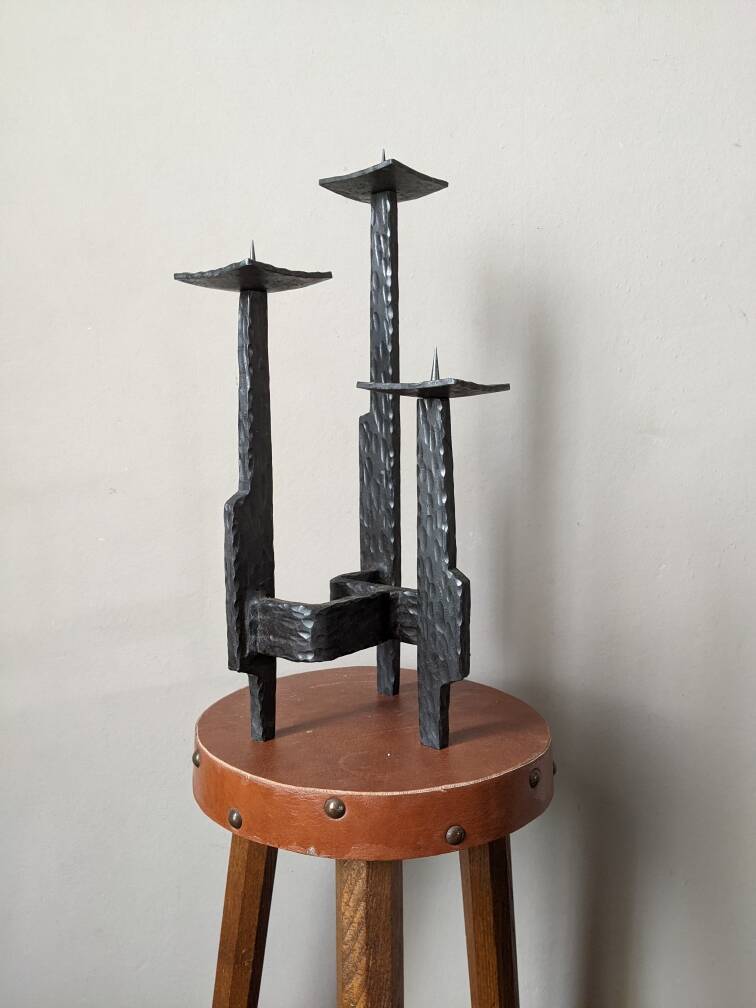 brutalist design candle holder wrought iron handcrafted ironwork art