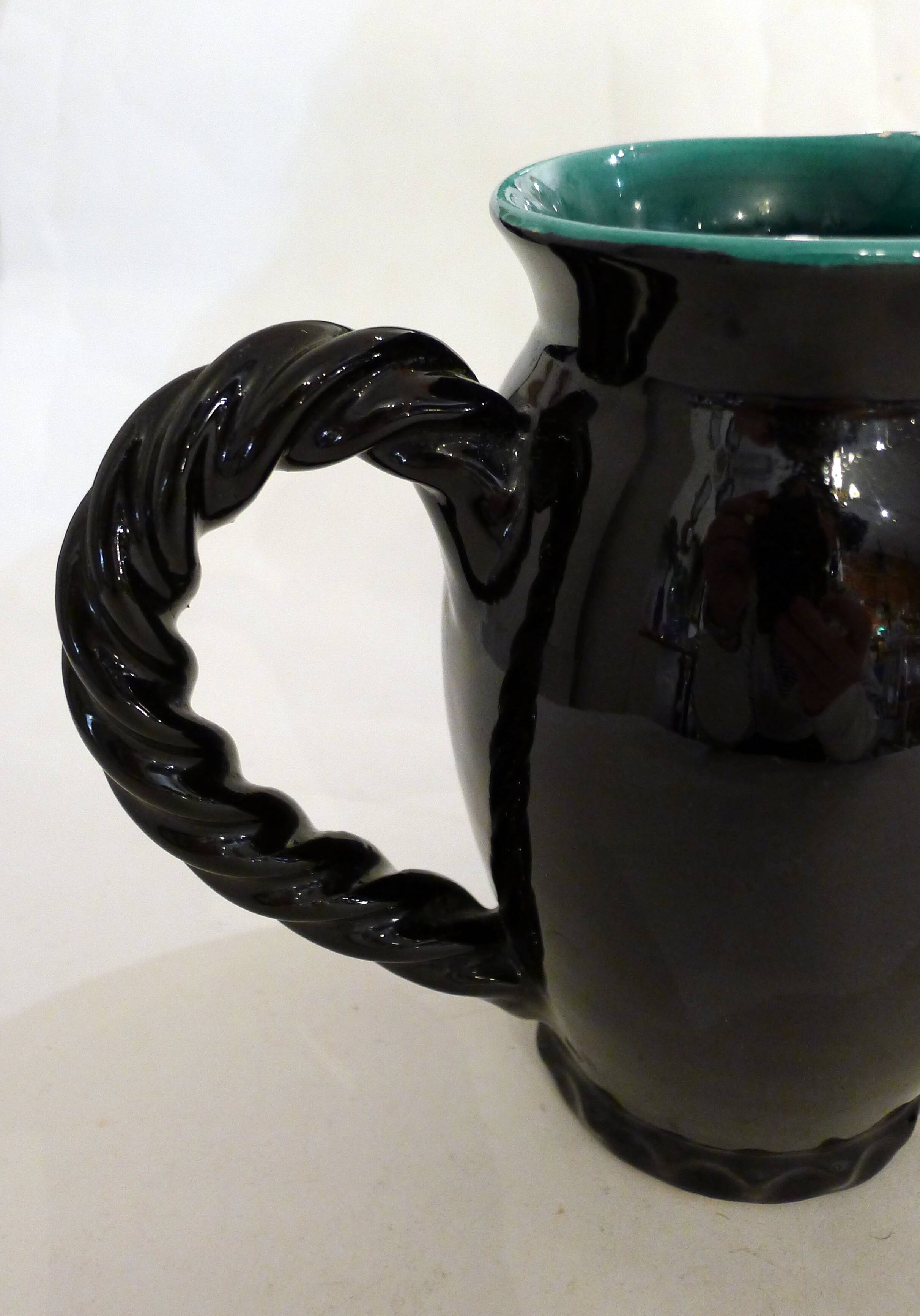 Set of 2 pitchers with braided handles, in Grandjan-Jourdan Vallauris earthenware, 1950