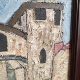 Peinture à l'huile ancienne française, signée B, église de Roquefort de Landes
