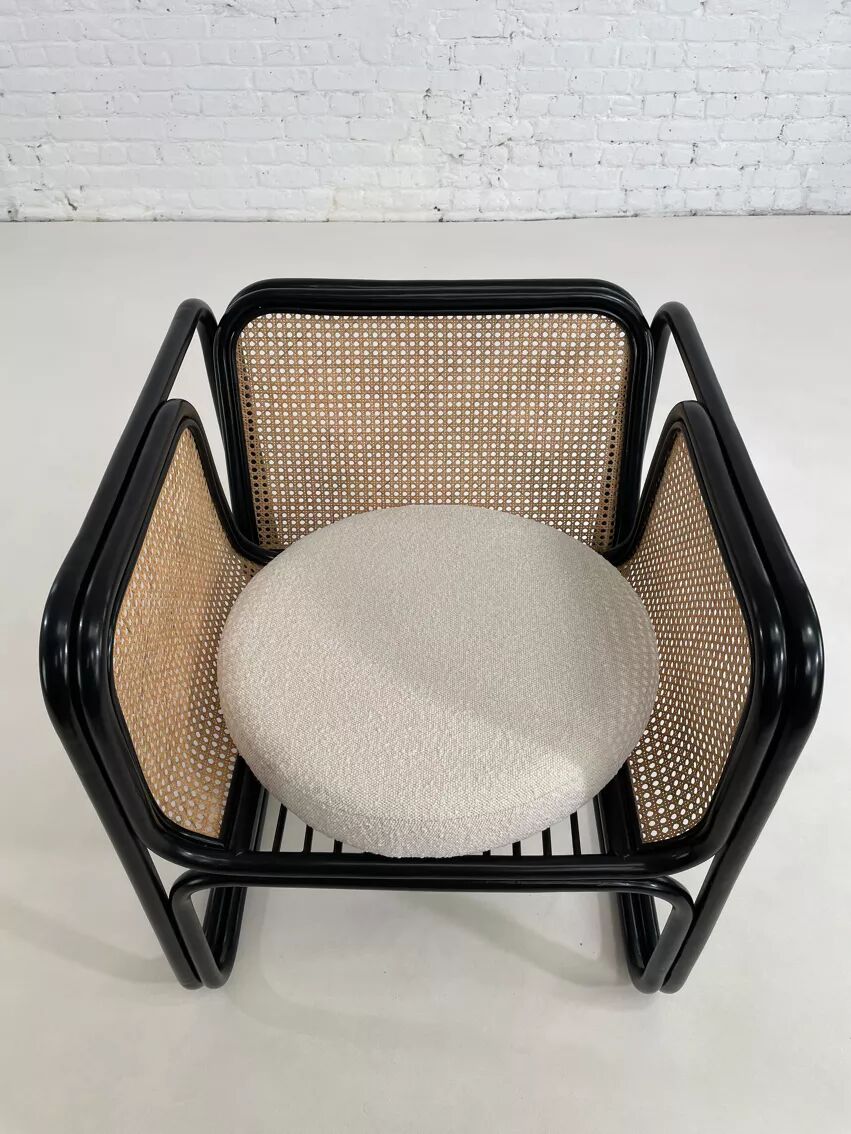 Cubic armchair in black rattan and canework