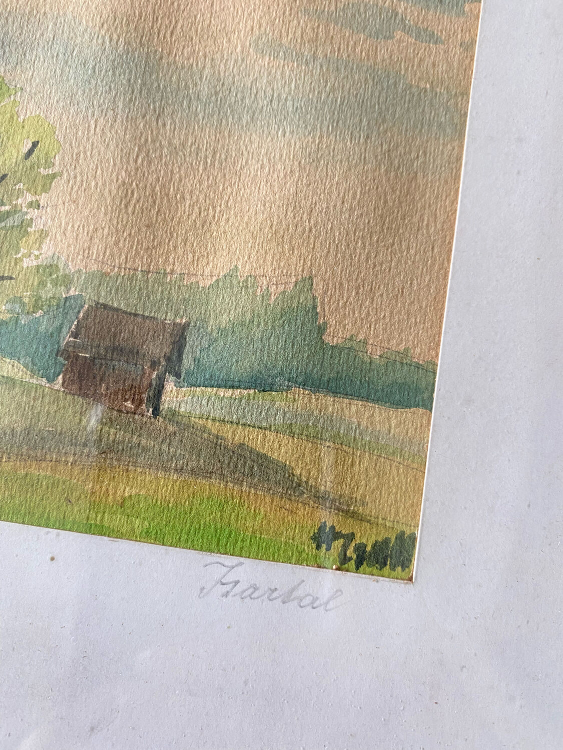 Framed watercolor landscape signed 1949