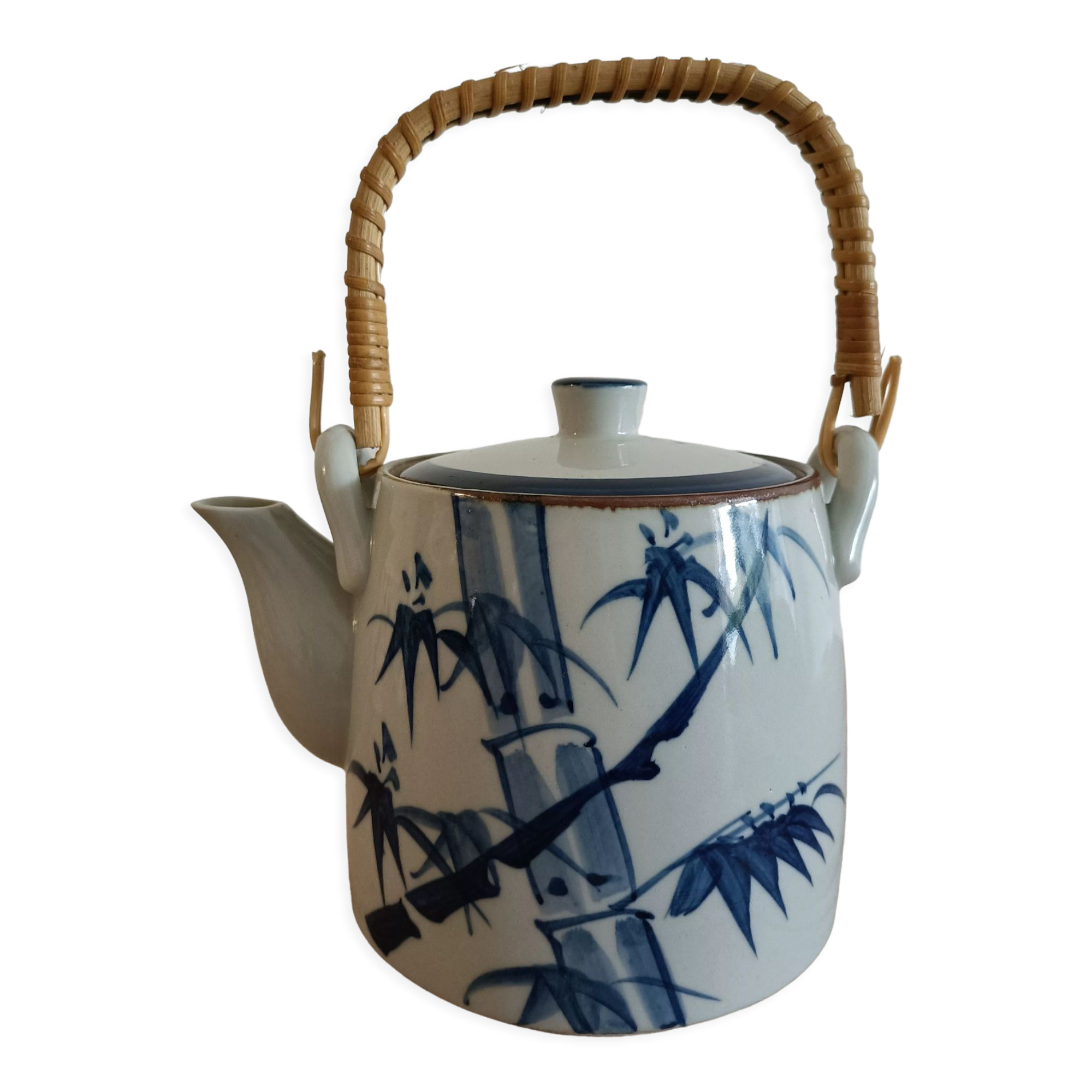 Japanese-inspired ceramic teapot blue bamboo pattern