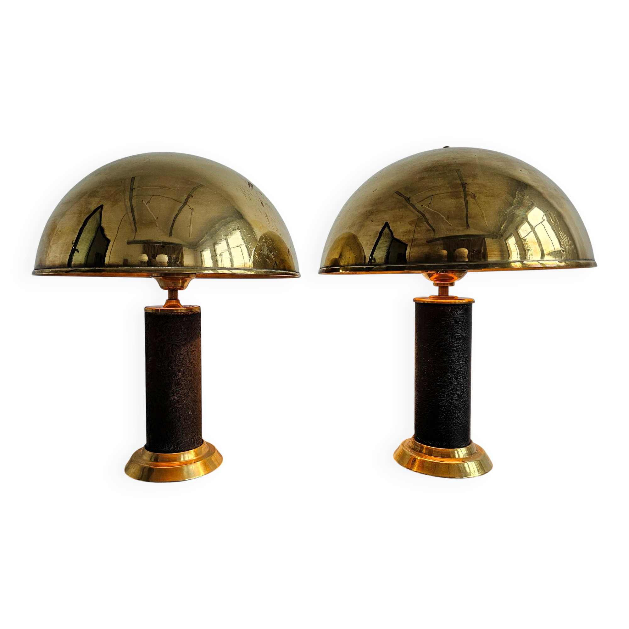 Pair of Mid Century Modern table lamps in brass and leather 1960